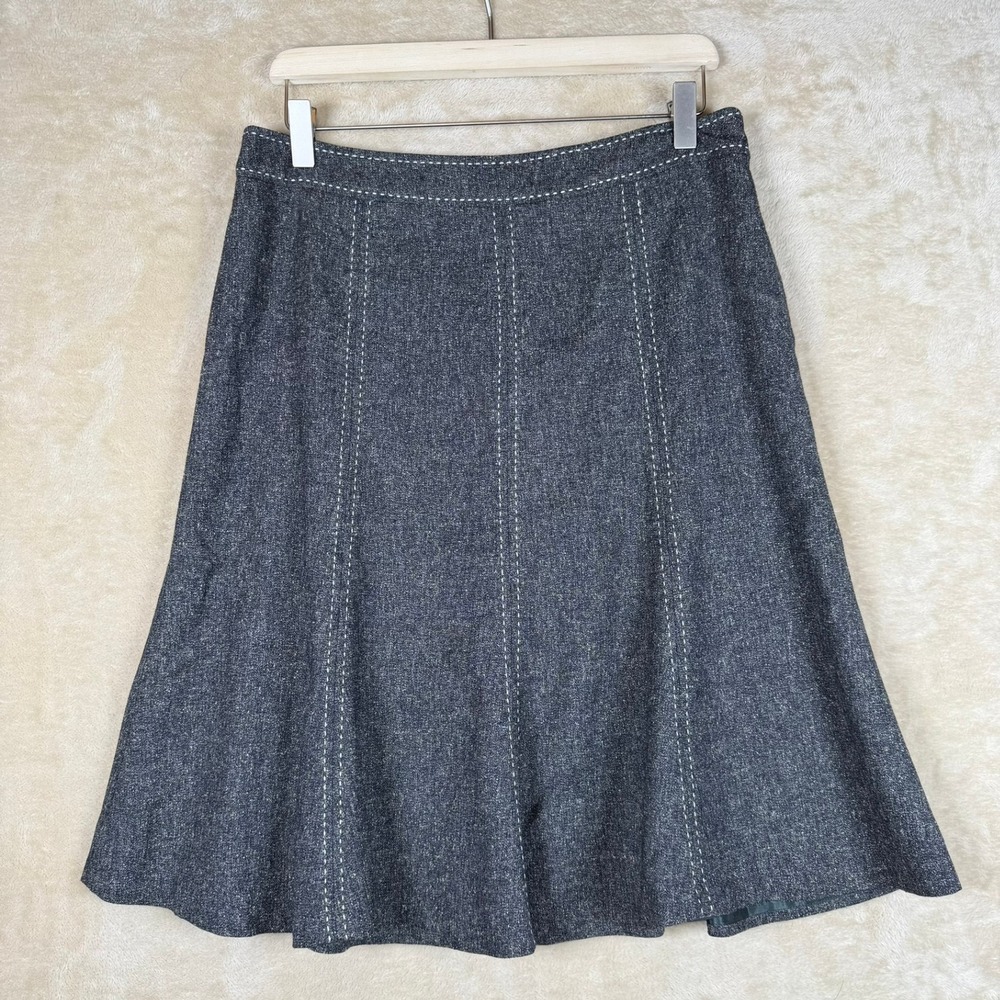 White House Black Market A Line Midi Skirt Dark‎ Wash Wht Stitch 8 Pleated Front